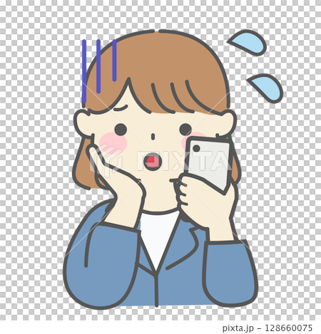 一名陷入困境、一手拿著智慧型手機的女子的插圖 128660075