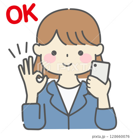 スマホを持ってOKサインを出すスーツを着た女性のイラスト スマホを持ってOKサインを出すスーツを着た女性のイラスト 128660076