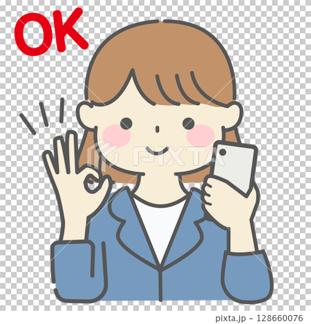 スマホを持ってOKサインを出すスーツを着た女性のイラスト スマホを持ってOKサインを出すスーツを着た女性のイラスト 128660076