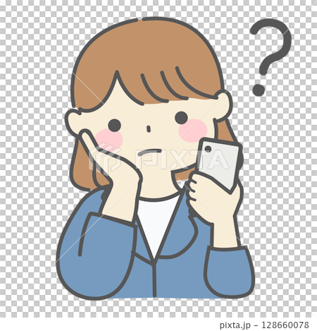 一位女士拿著智慧型手機，疑惑 128660078