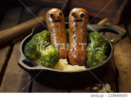 Funny face pork sausages and mashed potato with  broccoli on wooden table.Macro.AI Generative. 128660085
