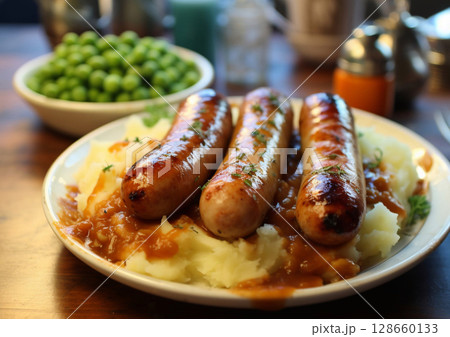 Grilled pork sausages with mashed potatoes and gravy sauce with green pease.Macro.AI Generative. Grilled pork sausages with mashed potatoes and gravy sauce with green pease.Macro.AI Generative. 128660133