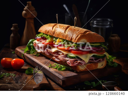 Sandwich submarine with lettuce and tomatoes with ham and cheese on wooden backgroundAI Generative 128660140
