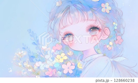花と少女の静かなまなざし 128660238