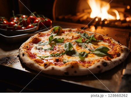 Oven baked traditional classic italian pizza with cheese and tomato and flame.AI Generative Oven baked traditional classic italian pizza with cheese and tomato and flame.AI Generative 128660262