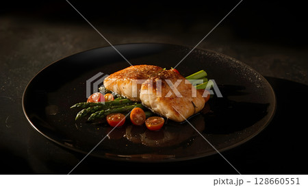 Pan-Seared Salmon with Roasted Asparagus and Cherry Tomatoes, glowing with warm cinematic lighting on a moody black table, Cinematic Mood & Lighting Pan-Seared Salmon with Roasted Asparagus and Cherry Tomatoes, glowing with warm cinematic lighting on a moody black table, Cinematic Mood & Lighting 128660551