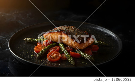 Pan-Seared Salmon with Roasted Asparagus and Cherry Tomatoes, glowing with warm cinematic lighting on a moody black table, Cinematic Mood & Lighting Pan-Seared Salmon with Roasted Asparagus and Cherry Tomatoes, glowing with warm cinematic lighting on a moody black table, Cinematic Mood & Lighting 128660552