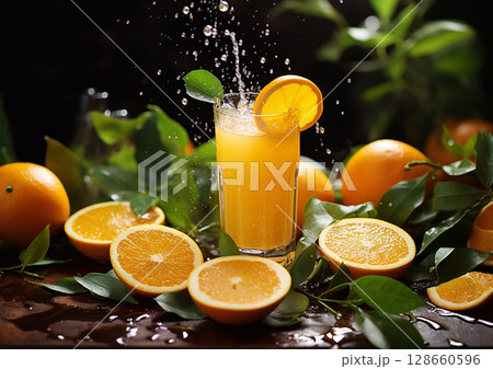 Splash of orange juice in glass on dark background with raw organic oranges.Macro.AI Generative 128660596