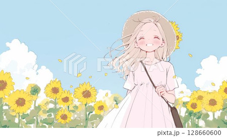 ひまわり畑で笑顔あふれる夏の少女 128660600