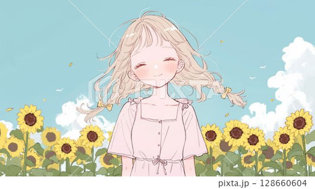 風に包まれる夏の日の少女 128660604