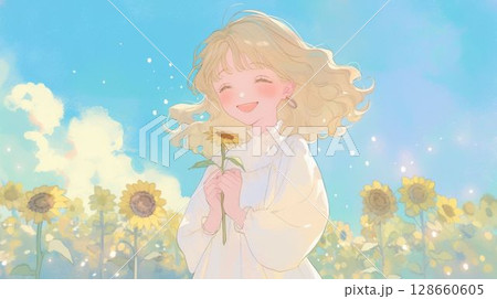 ひまわりを抱える少女の幸せな笑顔 ひまわりを抱える少女の幸せな笑顔 128660605