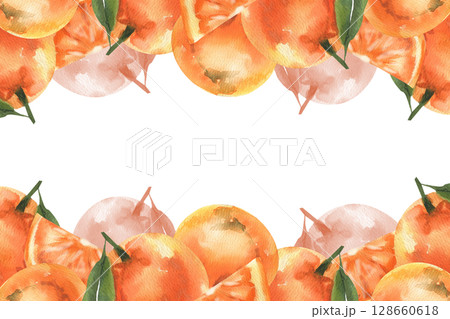 Summer juicy citrus watercolor frame with copy space. Hand drawn isolated frame with orange fruits clipart, clementine ripe drawing for poster, card, product packing design 128660618