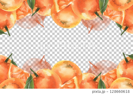 Summer juicy citrus watercolor frame with copy space. Hand drawn isolated frame with orange fruits clipart, clementine ripe drawing for poster, card, product packing design 128660618