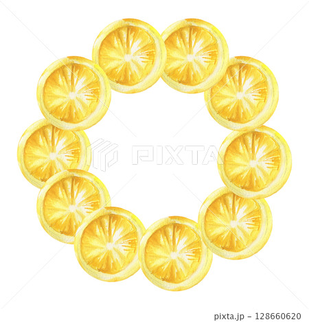 Lemon slices watercolor round frame.Hand drawn citrus fruit wreath with round slices, summer sour lemonade and cocktail ingredient clipart for poster, card, packing design.Sicilian garden yellow fruit 128660620