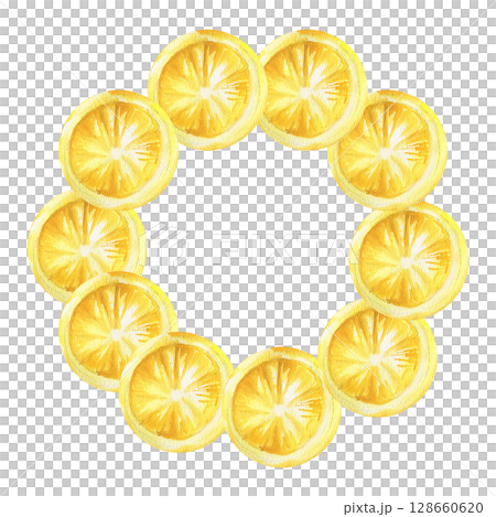 Lemon slices watercolor round frame.Hand drawn citrus fruit wreath with round slices, summer sour lemonade and cocktail ingredient clipart for poster, card, packing design.Sicilian garden yellow fruit 128660620