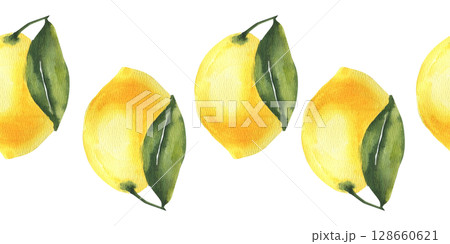 Summer yellow lemons watercolor seamless border. Hand drawn tropical juicy fruits banner,Sicilian and Greek sunny sour fruit for textile, fabric,kitchen utensils design.Rusitc style. Summer yellow lemons watercolor seamless border. Hand drawn tropical juicy fruits banner,Sicilian and Greek sunny sour fruit for textile, fabric,kitchen utensils design.Rusitc style. 128660621