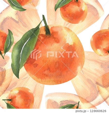 Summer juicy oranges fruits watercolor seamless pattern. Hand drawn tropical food, lemonade and summer beverage ingredient repeated background for product packing,home textile,fabric design 128660626