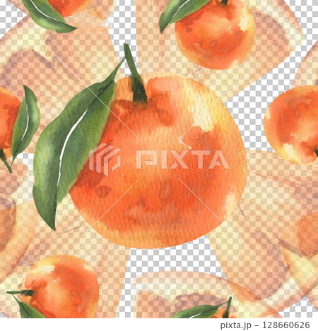 Summer juicy oranges fruits watercolor seamless pattern. Hand drawn tropical food, lemonade and summer beverage ingredient repeated background for product packing,home textile,fabric design 128660626