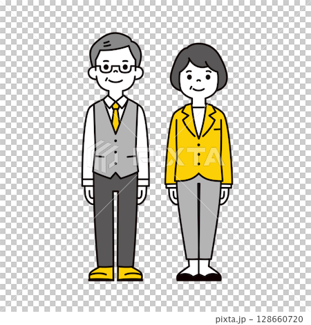 一組簡單的全身插圖，描繪的是辦公室工作的老年男女_向量 128660720