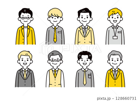 様々な年代のビジネスマンの、シンプルな上半身イラスト素材セット＿ベクター 128660731