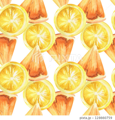 Orange and yellow lemon slices watercolor seamless pattern. Hand drawn tropical fruits background, summer mandarin and lemon juicy food and lemonade ingredient clipart for packing,wallpaper design 128660759