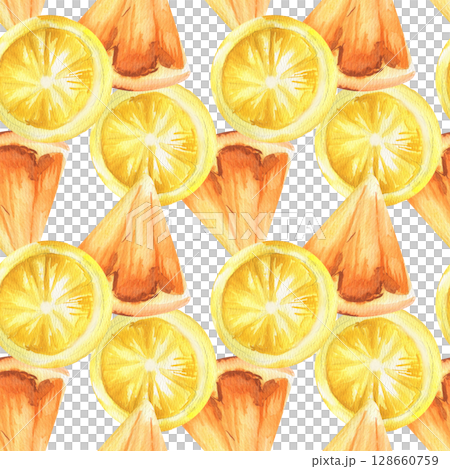 Orange and yellow lemon slices watercolor seamless pattern. Hand drawn tropical fruits background, summer mandarin and lemon juicy food and lemonade ingredient clipart for packing,wallpaper design 128660759