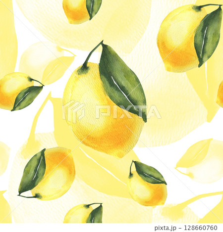 Juicy yellow lemon watercolor seamless pattern. Hand drawn Sicilian sour fruit background, lemonade ingredient repeated clipart for home and kitchen textile, fabric design Juicy yellow lemon watercolor seamless pattern. Hand drawn Sicilian sour fruit background, lemonade ingredient repeated clipart for home and kitchen textile, fabric design 128660760