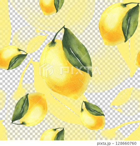 Juicy yellow lemon watercolor seamless pattern. Hand drawn Sicilian sour fruit background, lemonade ingredient repeated clipart for home and kitchen textile, fabric design Juicy yellow lemon watercolor seamless pattern. Hand drawn Sicilian sour fruit background, lemonade ingredient repeated clipart for home and kitchen textile, fabric design 128660760