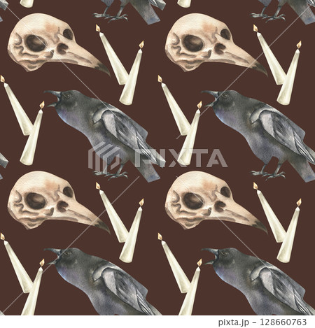 Halloween scary gothic seamless pattern on dark with watercolor black raven bird,skull, candles illustrations.Creepy October festive background for seasonal packing,stationery,textile design 128660763