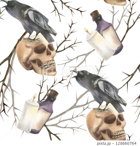 Human skull, poison bottle,candles and black raven bird on thorn branches watercolor seamless pattern. Halloween gothic festive background with symbols of dead for packing,textile design 128660764