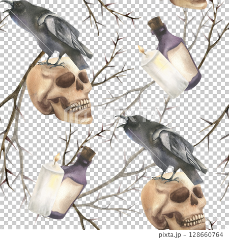 Human skull, poison bottle,candles and black raven bird on thorn branches watercolor seamless pattern. Halloween gothic festive background with symbols of dead for packing,textile design 128660764