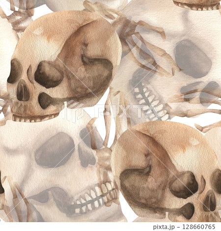 Human skull watercolor seamless pattern. Dead head and skeleton hands illustrations in repeated background for Halloween october night party wallpaper, packing,web design 128660765
