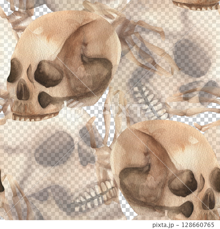 Human skull watercolor seamless pattern. Dead head and skeleton hands illustrations in repeated background for Halloween october night party wallpaper, packing,web design 128660765
