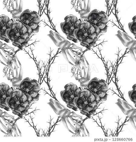 Black Halloween seamless pattern with skeleton hands,thorns and flowers watercolor illustration. Mystic October festive background for gothic wedding textile, wallpaper, tarot card design 128660766