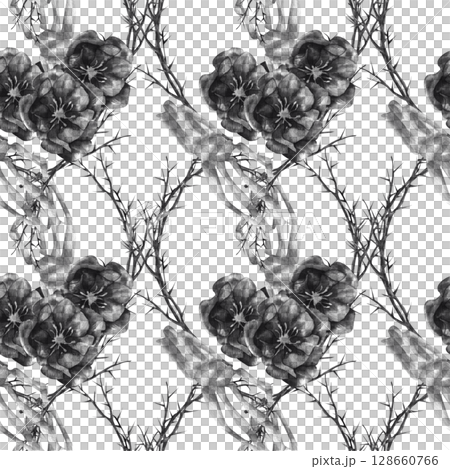 Black Halloween seamless pattern with skeleton hands,thorns and flowers watercolor illustration. Mystic October festive background for gothic wedding textile, wallpaper, tarot card design 128660766