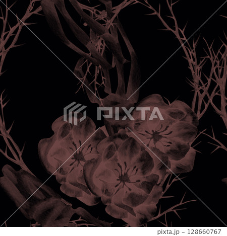 Halloween gothic romantic seamless pattern with skeleton hands arranged by thorns and flowers illustration. Creepy October night party background with X-ray effect for concept design 128660767
