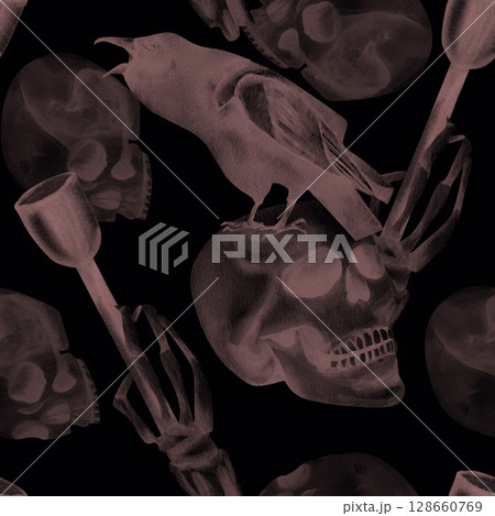 Halloween black seamless pattern with X-ray effect for textile design. Raven bird on human skull illustration in repeated background, spoiled photography of skeleton for festive october design 128660769