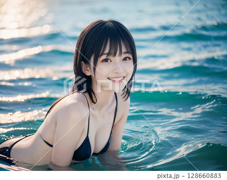 夏空のビーチでビキニの水着を着た笑顔の若い女性 128660883