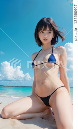 夏空のビーチでビキニの水着を着た笑顔の若い女性 128660907