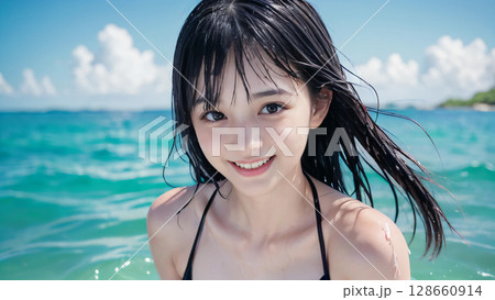 夏空のビーチでビキニの水着を着た笑顔の若い女性 128660914