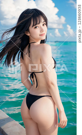 夏空のビーチでビキニの水着を着た笑顔の若い女性 夏空のビーチでビキニの水着を着た笑顔の若い女性 128660938