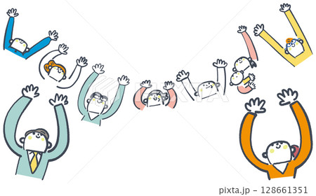 空に向かって手を伸ばす家族と事務所の人々　セットのストックイラスト素材 128661351