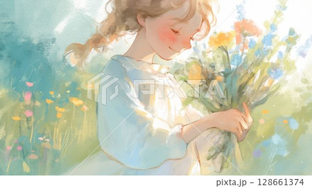 花束をそっと抱える少女のやさしい時間 128661374