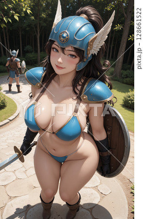 ビキニアーマーで街を歩く女戦士 128661522