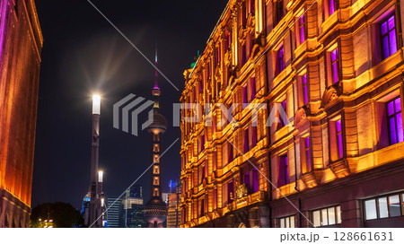 Oriental Pearl Tower view from Nanjing road at night, Shanghai Oriental Pearl Tower view from Nanjing road at night, Shanghai 128661631