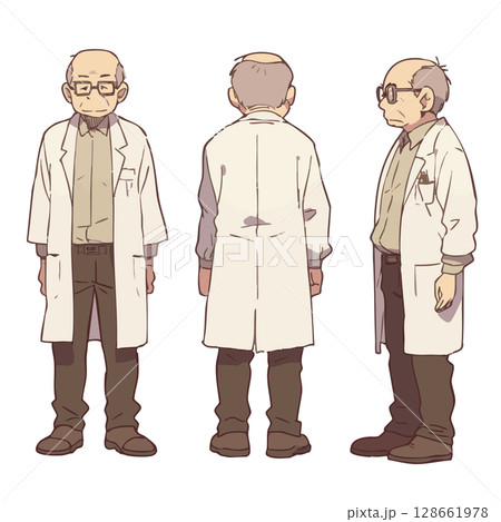 白衣を着た年配男性医師のキャラクターイラストセット（正面・背面・側面） 128661978