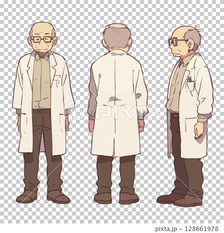 白衣を着た年配男性医師のキャラクターイラストセット（正面・背面・側面） 128661978