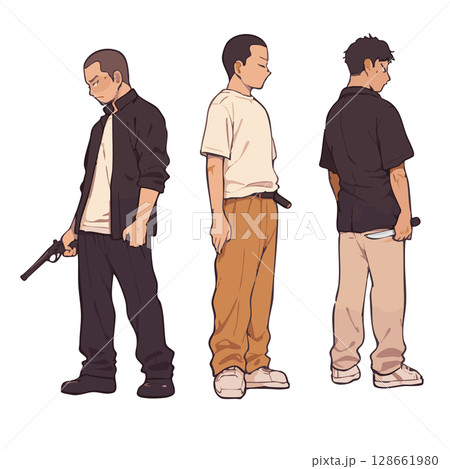 銃やナイフで武装したチンピラのキャラクターイラストセット（犯罪者・悪党） 128661980
