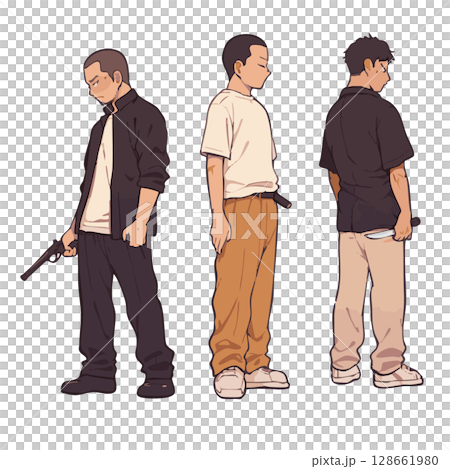銃やナイフで武装したチンピラのキャラクターイラストセット（犯罪者・悪党） 128661980