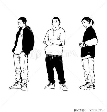 ストリートファッションの若い男性たちの線画イラストセット（モノクロ） 128661982